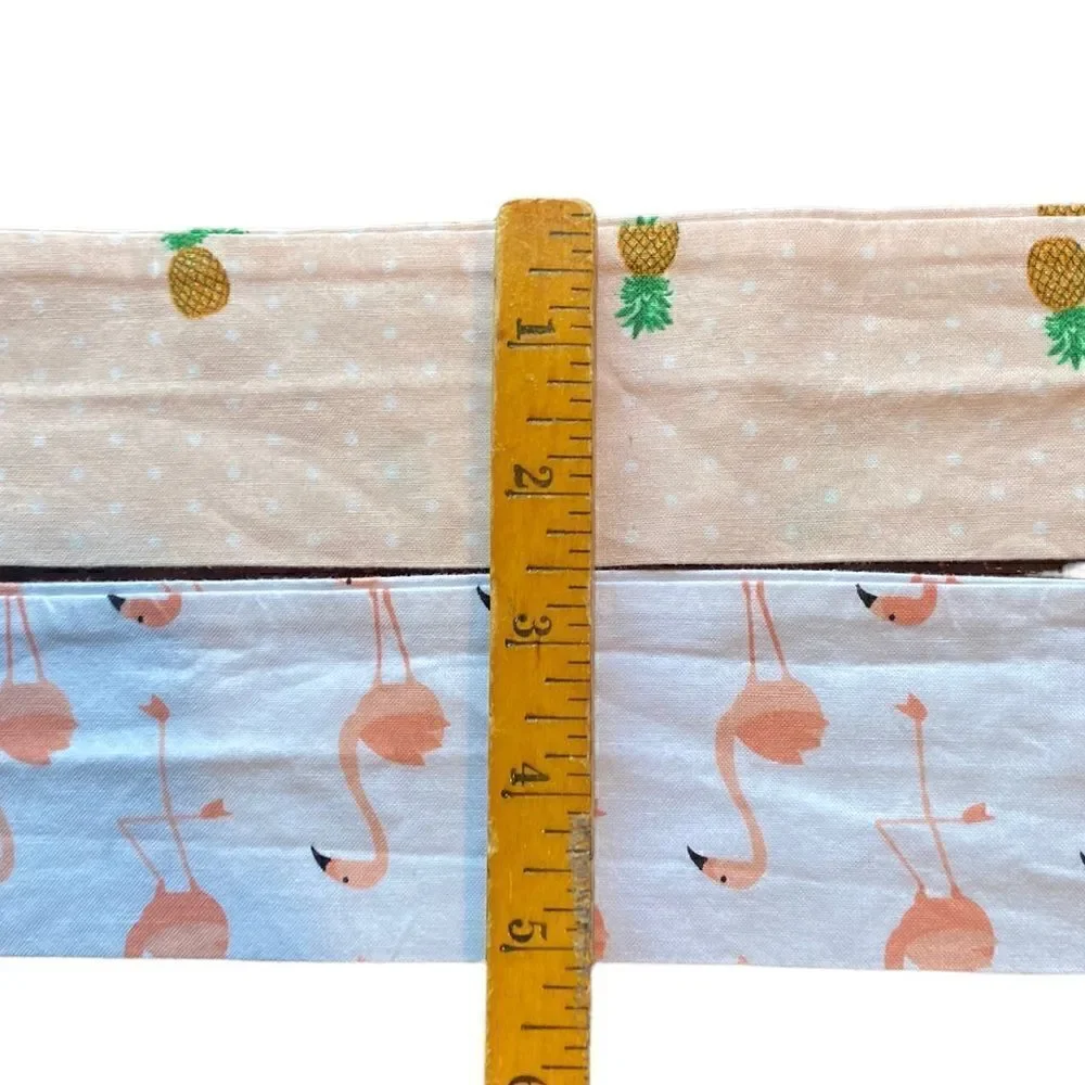 Tropical long thin white scarf with pink flamingos, also peach with pineapples